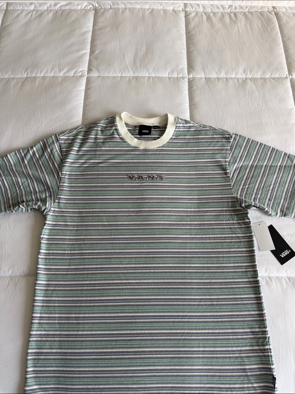 Brand New Vans Cream Collar Green and Gray Striped Short-Sleeve Tee with Tags